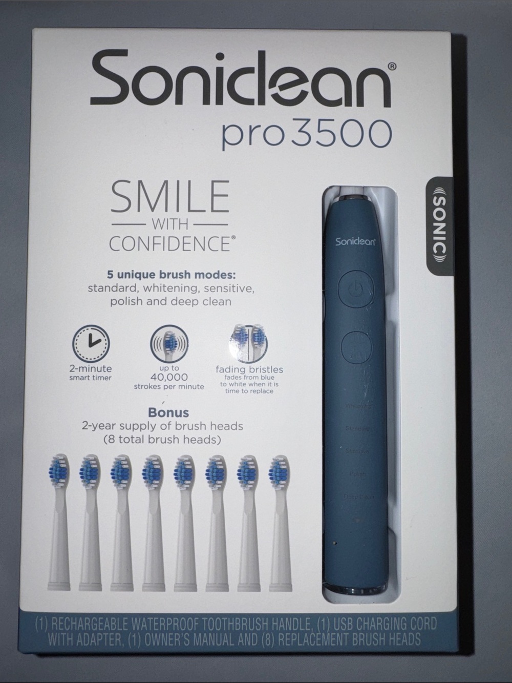 Soniclean Pro 3500, 5 Modes, 8 Brush Head replacements, NEW Navy Blue